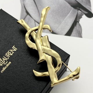 YSL Sculpted Gold Monogram Pin Brooch