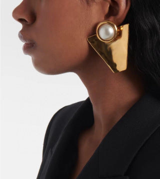 YSL Geometric Pearl Triangle Clip-On Earrings