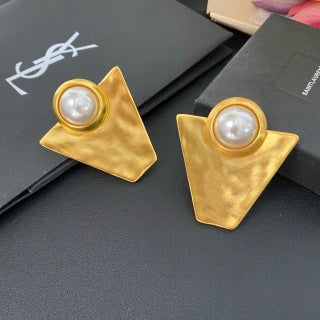 YSL Geometric Pearl Triangle Clip-On Earrings