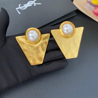 YSL Geometric Pearl Triangle Clip-On Earrings