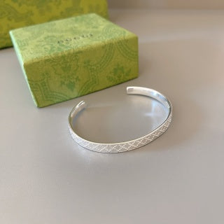 Gucci GG Pattern Engraved Silver Cuff Bracelet