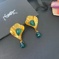 YSL Emerald Petal Gold Frame Clip-On Earrings