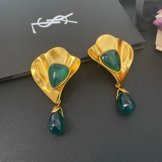 YSL Emerald Petal Gold Frame Clip-On Earrings