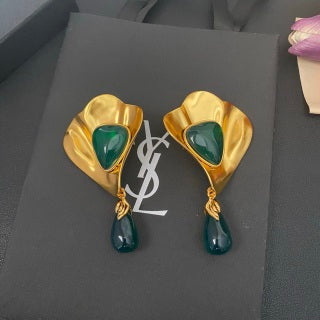 YSL Emerald Petal Gold Frame Clip-On Earrings