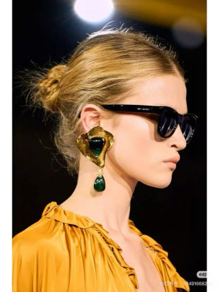 YSL Emerald Petal Gold Frame Clip-On Earrings