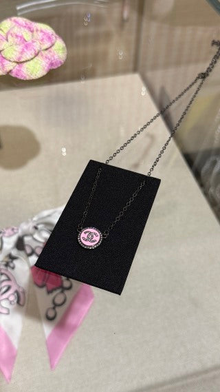 CHANEL Pink Enamel CC Medallion Pendant Necklace