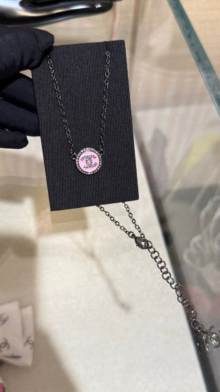 CHANEL Pink Enamel CC Medallion Pendant Necklace