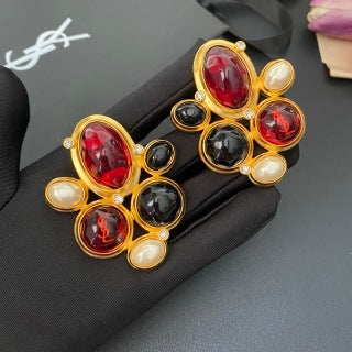 YSL Ruby Onyx Floral Medallion Clip-On Earrings