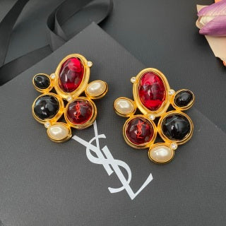 YSL Ruby Onyx Floral Medallion Clip-On Earrings