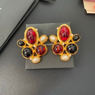 YSL Ruby Onyx Floral Medallion Clip-On Earrings