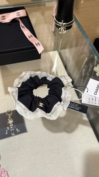 Chanel Black Lace Bow Scrunchie – Elegant Luxury Hair Accessory