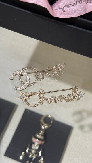 Chanel Openwork Chain Script Letter & Star Brooch with Full Pavé Diamonds