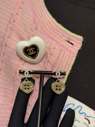 Chanel Gold-Tone Full-Pave Double-C Heart & Letter Button Earrings
