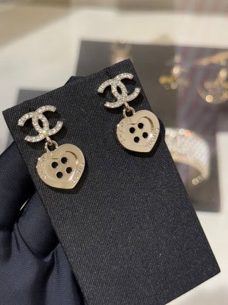 Chanel Gold-Tone Full-Pave Double-C Heart & Letter Button Earrings