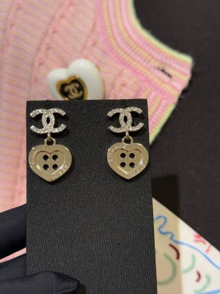 Chanel Gold-Tone Full-Pave Double-C Heart & Letter Button Earrings