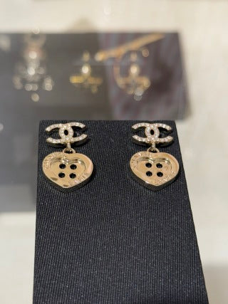 Chanel Gold-Tone Full-Pave Double-C Heart & Letter Button Earrings