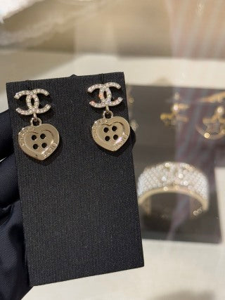 Chanel Gold-Tone Full-Pave Double-C Heart & Letter Button Earrings