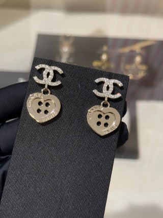 Chanel Gold-Tone Full-Pave Double-C Heart & Letter Button Earrings