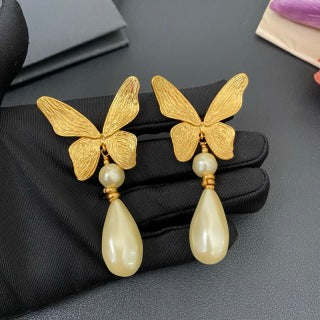YSL Golden Butterfly Pearl Drop Clip-On Earrings