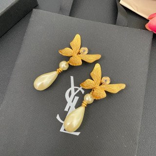 YSL Golden Butterfly Pearl Drop Clip-On Earrings