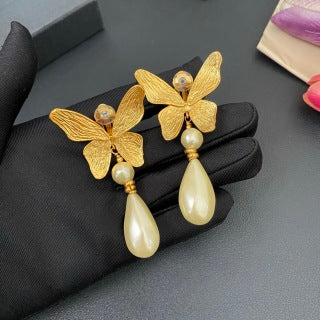 YSL Golden Butterfly Pearl Drop Clip-On Earrings
