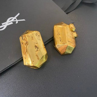 YSL Raw Gold Sculptural Block Clip-On Earrings