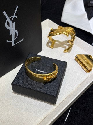 YSL Wide Gold Monogram Panel Cuff Bracelet
