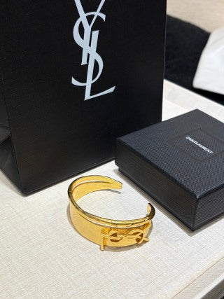 YSL Wide Gold Monogram Panel Cuff Bracelet