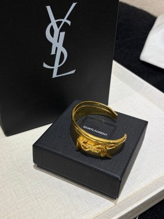 YSL Wide Gold Monogram Panel Cuff Bracelet