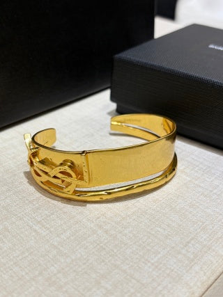 YSL Wide Gold Monogram Panel Cuff Bracelet