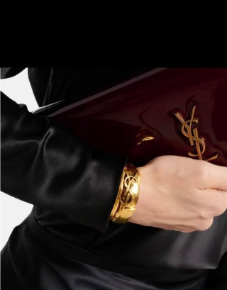 YSL Wide Gold Monogram Panel Cuff Bracelet