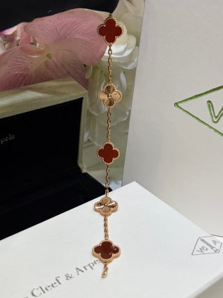 Van Cleef & Arpels Rose Gold 5-Motif Bracelet with Laser-Etched Red Carnelian Clover Motifs