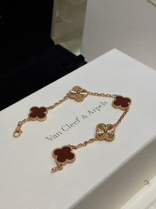 Van Cleef & Arpels Rose Gold 5-Motif Bracelet with Laser-Etched Red Carnelian Clover Motifs