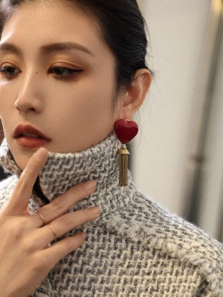 YSL Ruby Heart Tassel Drop Earrings