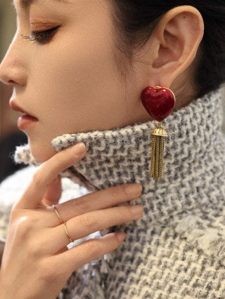 YSL Ruby Heart Tassel Drop Earrings
