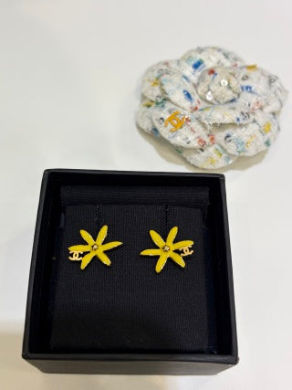 Chanel Gold and Yellow Enamel Flower Stud Earrings