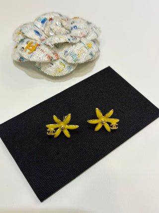 Chanel Gold and Yellow Enamel Flower Stud Earrings