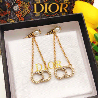 Dior Crystal CD Chain Drop Stud Earrings