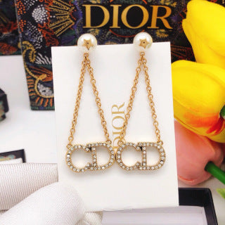 Dior Crystal CD Chain Drop Stud Earrings