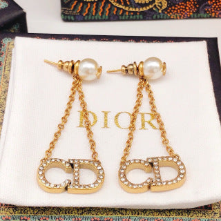Dior Crystal CD Chain Drop Stud Earrings