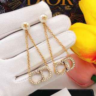 Dior Crystal CD Chain Drop Stud Earrings