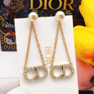 Dior Crystal CD Chain Drop Stud Earrings