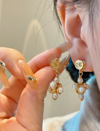 Chanel Lava-style Button and Small Pearl Earrings