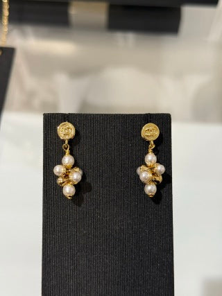 Chanel Lava-style Button and Small Pearl Earrings