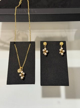 Chanel Lava-style Button and Small Pearl Earrings