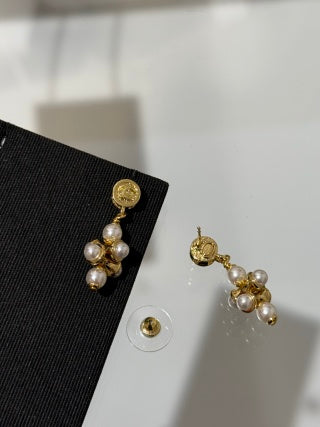Chanel Lava-style Button and Small Pearl Earrings