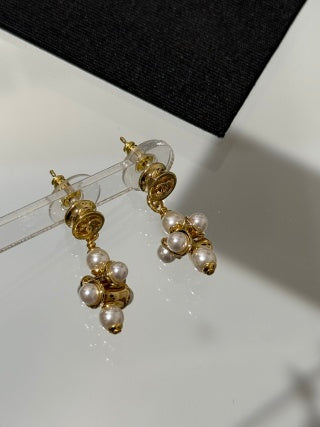 Chanel Lava-style Button and Small Pearl Earrings