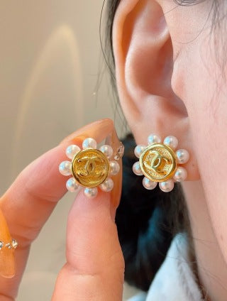 CHANEL Pearl Bloom Medallion CC Stud Earrings