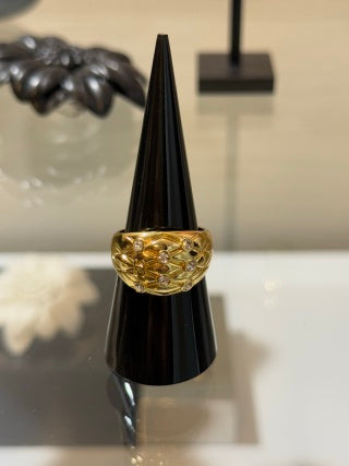 CHANEL Quilted Diamond Pattern Gold Statement Ring