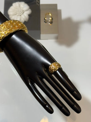 CHANEL Quilted Diamond Pattern Gold Statement Ring